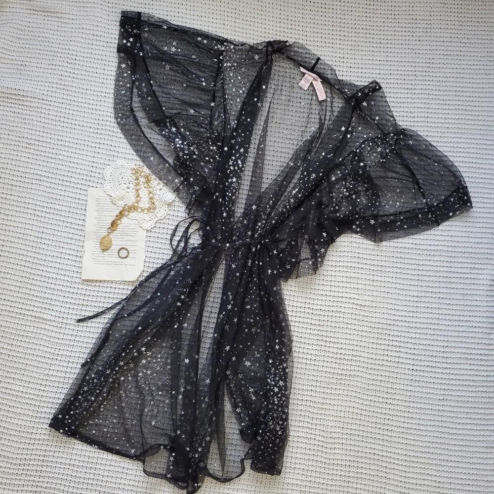 Nwt victoria secret black sheer with silver stars tie robe